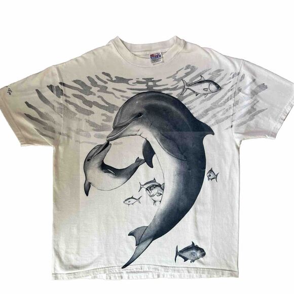 Vintage Dolphin All Over Print Shirt XL White 90s Ocean Nature Savanah Georgia - Picture 1 of 7